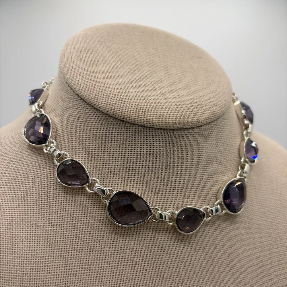 Vintage Napier Silver Tone Purple Faceted Teardrop Statement Choker‎ Necklace